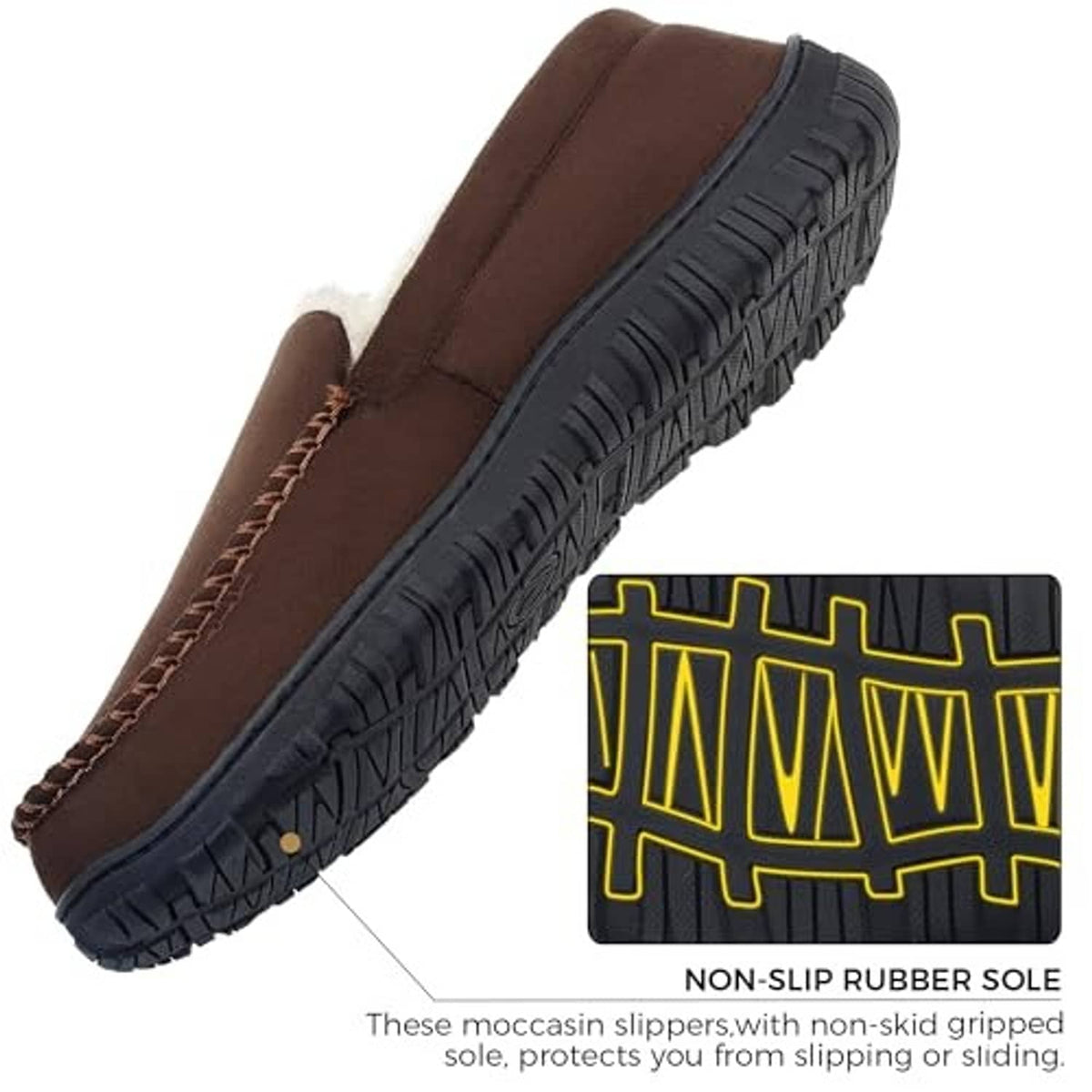 Brown moccasin slippers with plush lining and thick textured rubber outsole