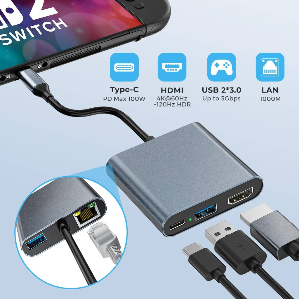 USB-C docking station front ports: Type-C, HDMI, USB, and LAN
