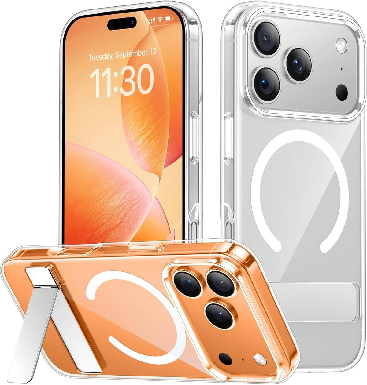 Clear iPhone 17 Pro Max case with orange back insert and built-in kickstand