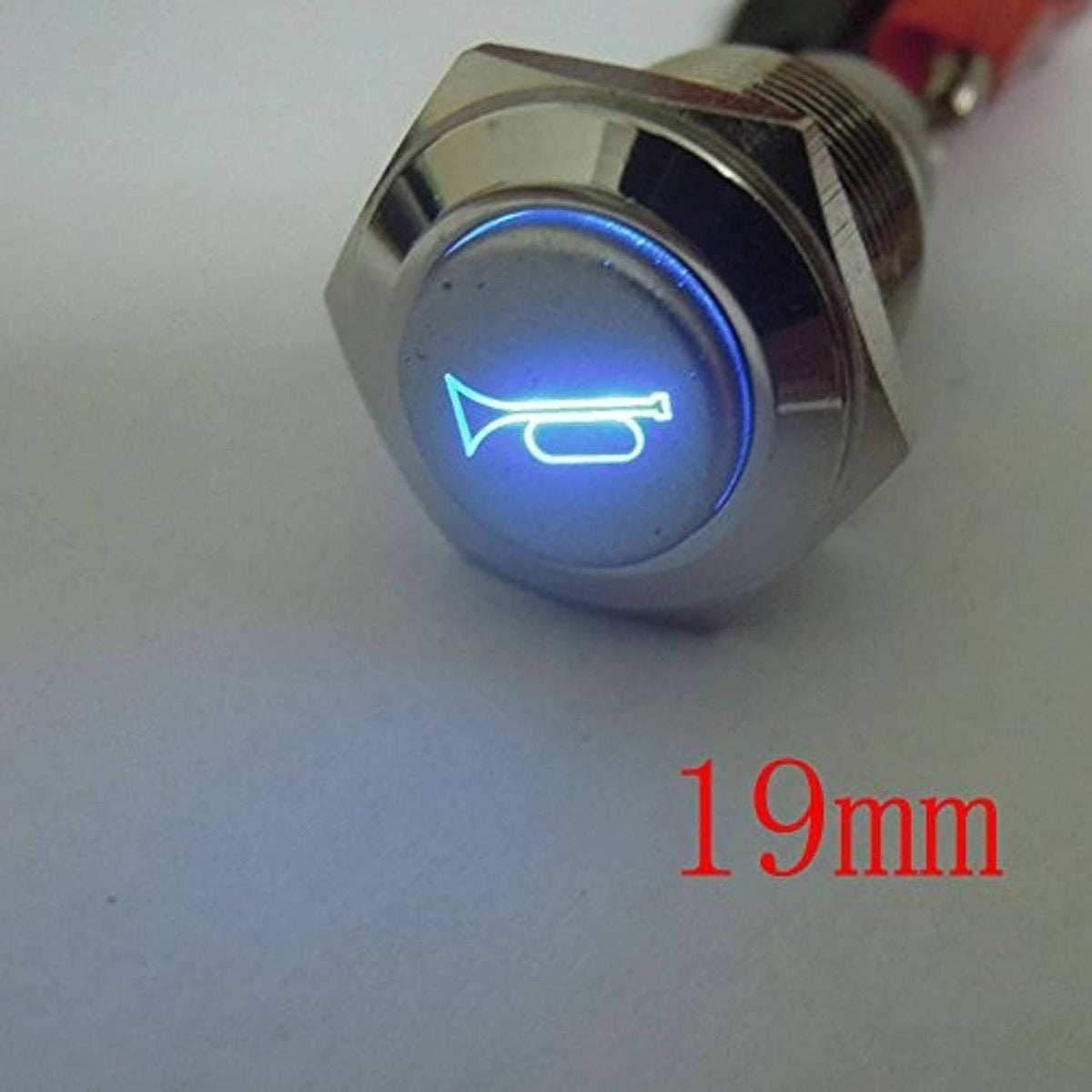 Metal 12V horn push button with blue LED horn icon and 19mm head size