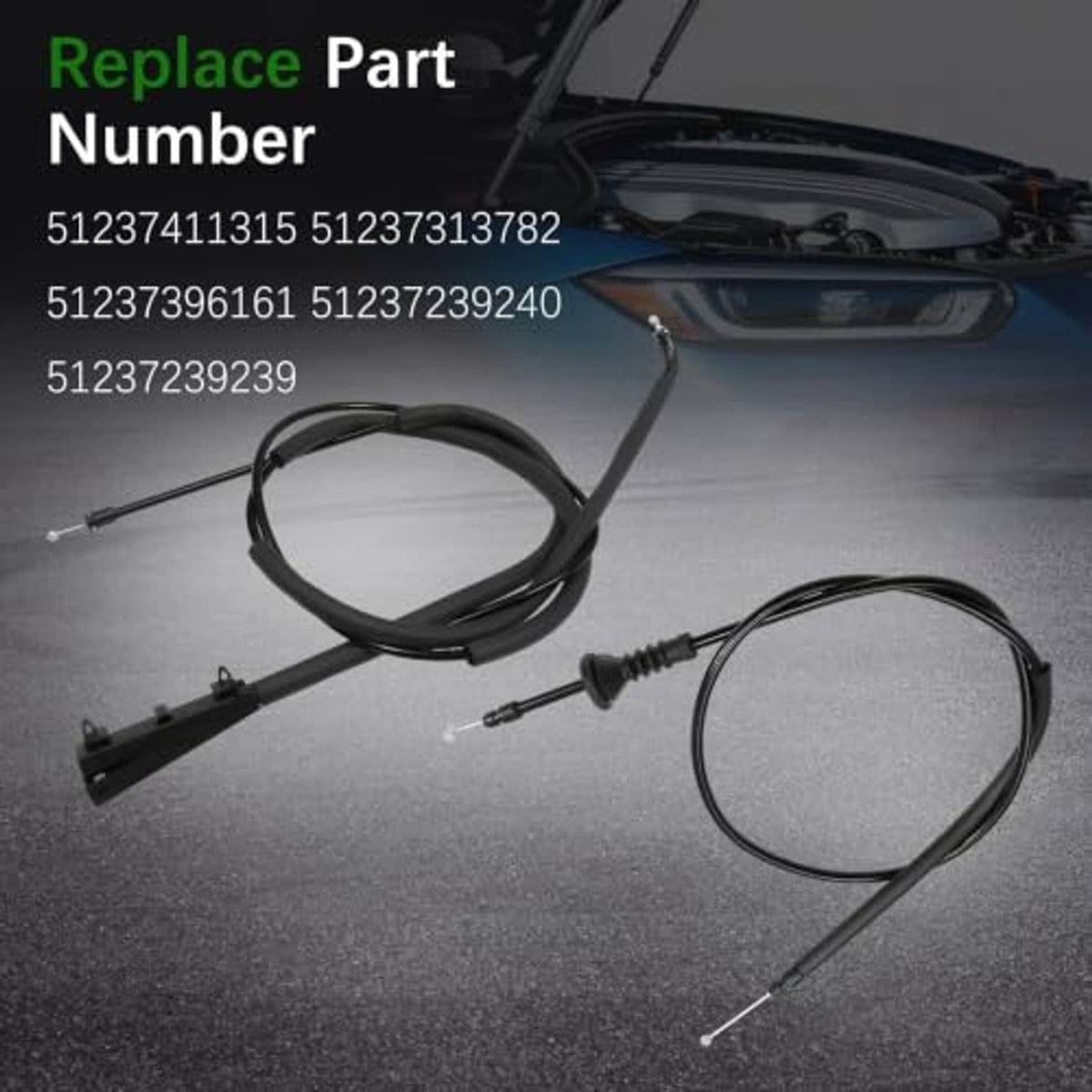 Engine hood release cable wire set, two black cable assemblies with metal ends