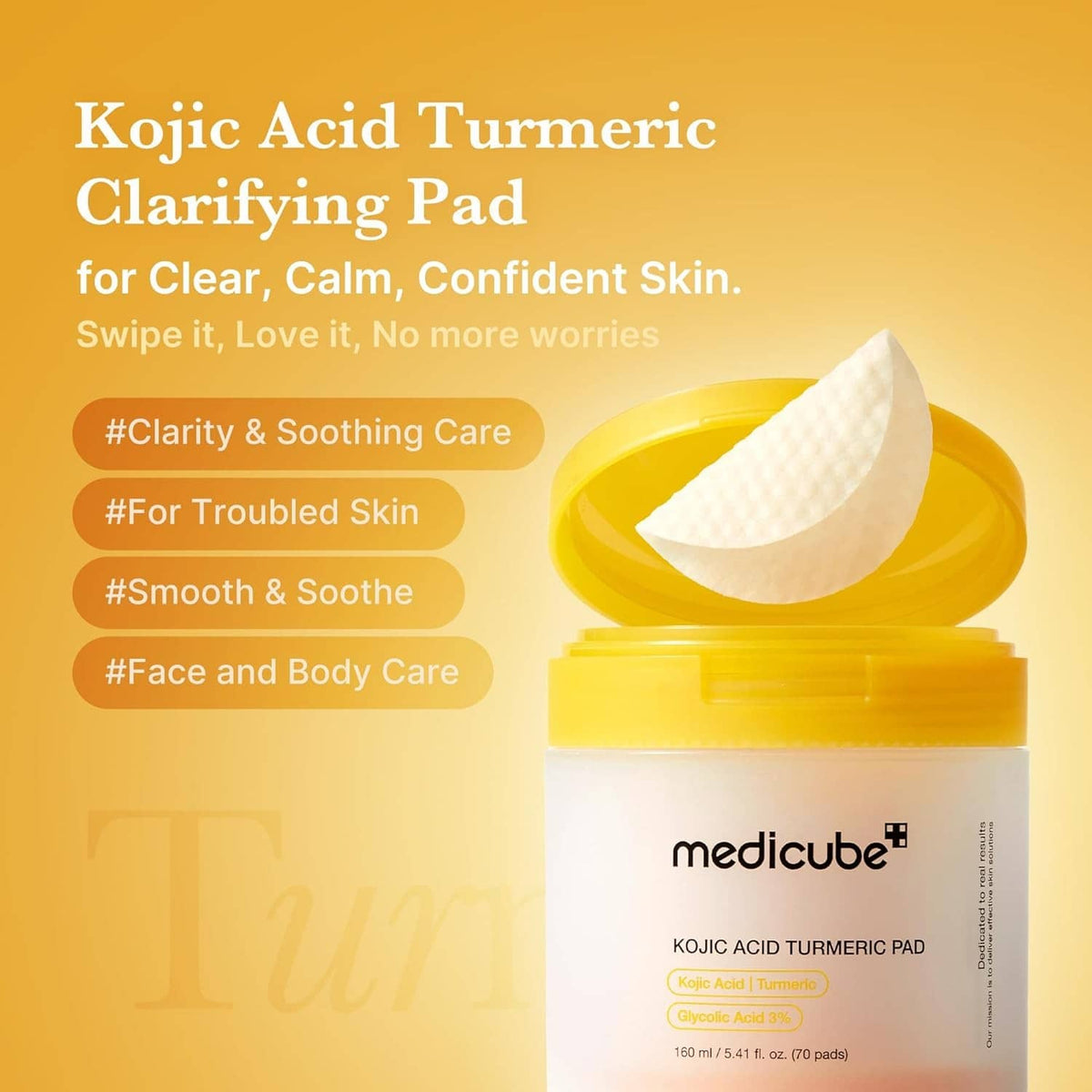 Medicube Kojic Acid Turmeric Pad jar with yellow cap and raised white pad