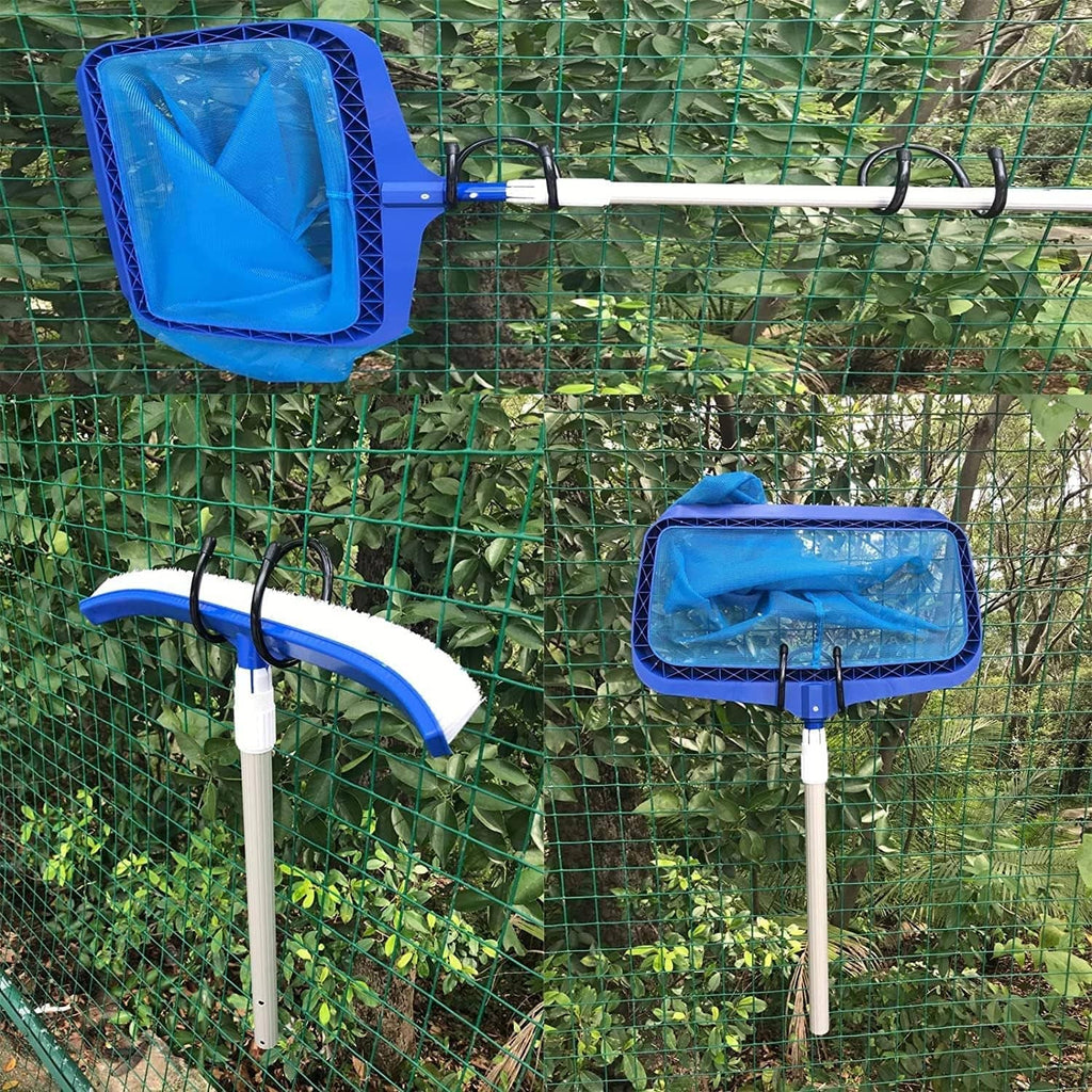 Blue mesh storage baskets with black hose hooks holding blue garden hose coil