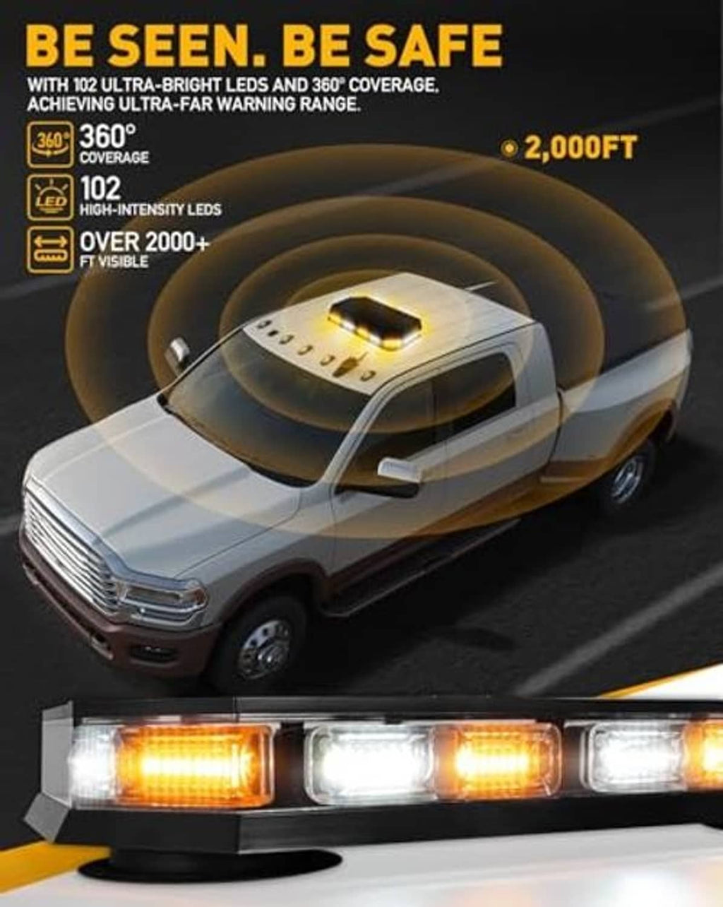 Amber and white LED emergency strobe light bar mounted on a vehicle roof