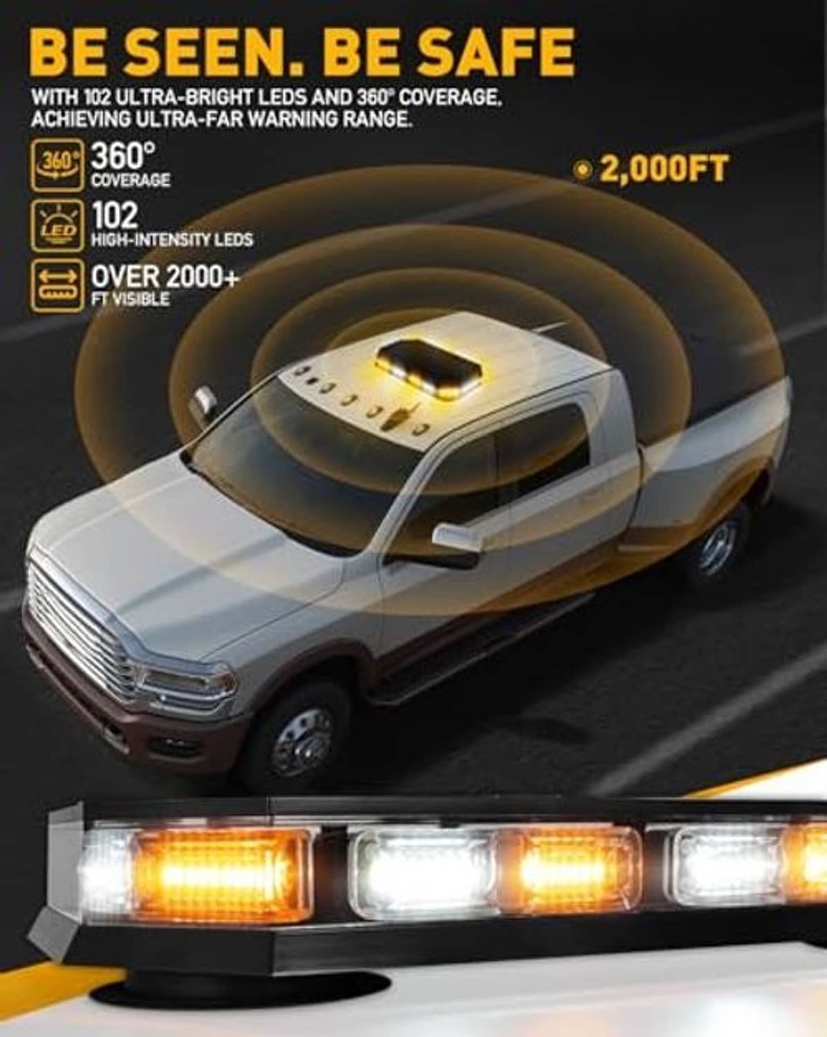 Amber and white LED emergency strobe light bar mounted on a vehicle roof