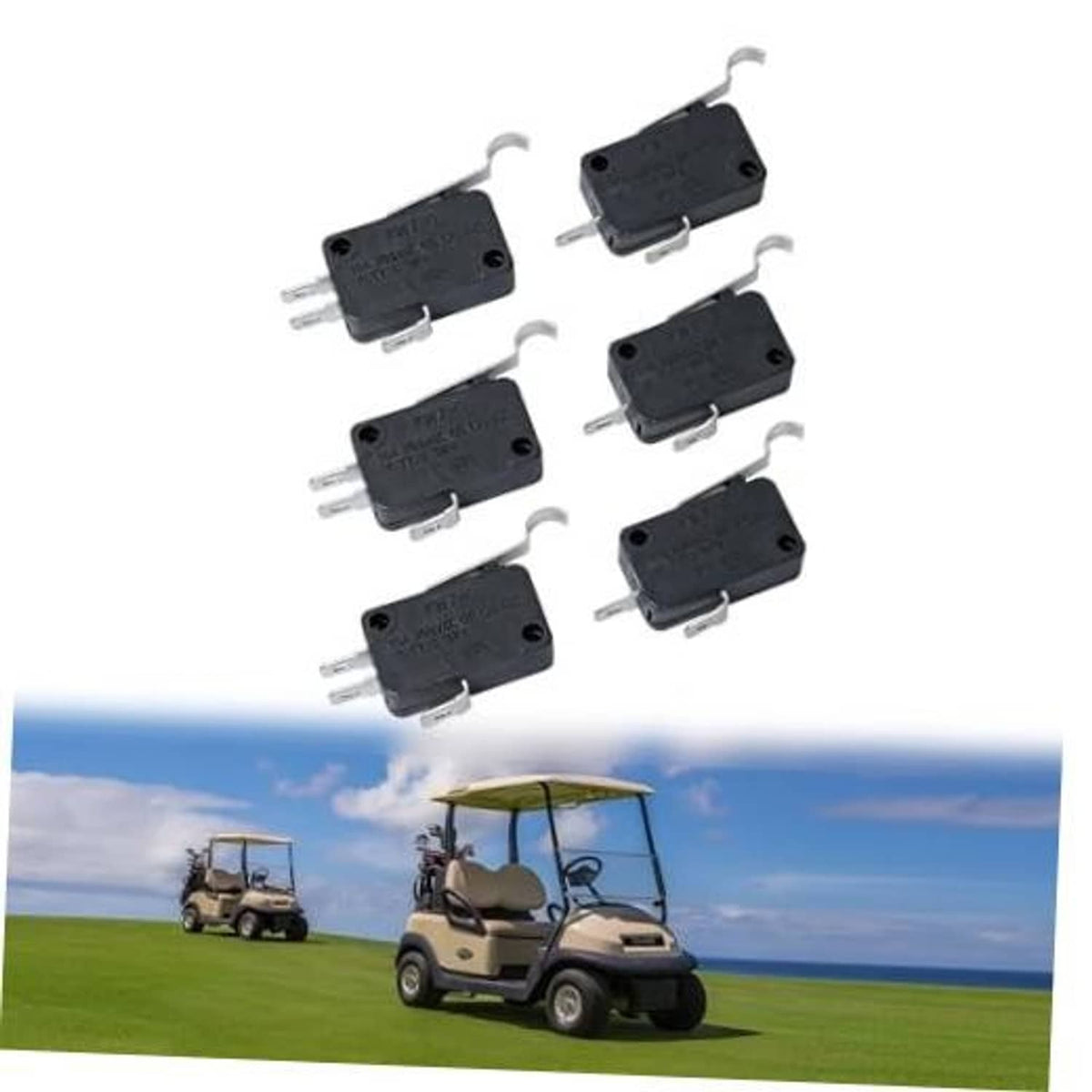 Set of black micro switches with metal pins and curved mounting levers.