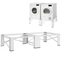 White laundry pedestal stand for washer and dryer, with metal cross-brace base legs