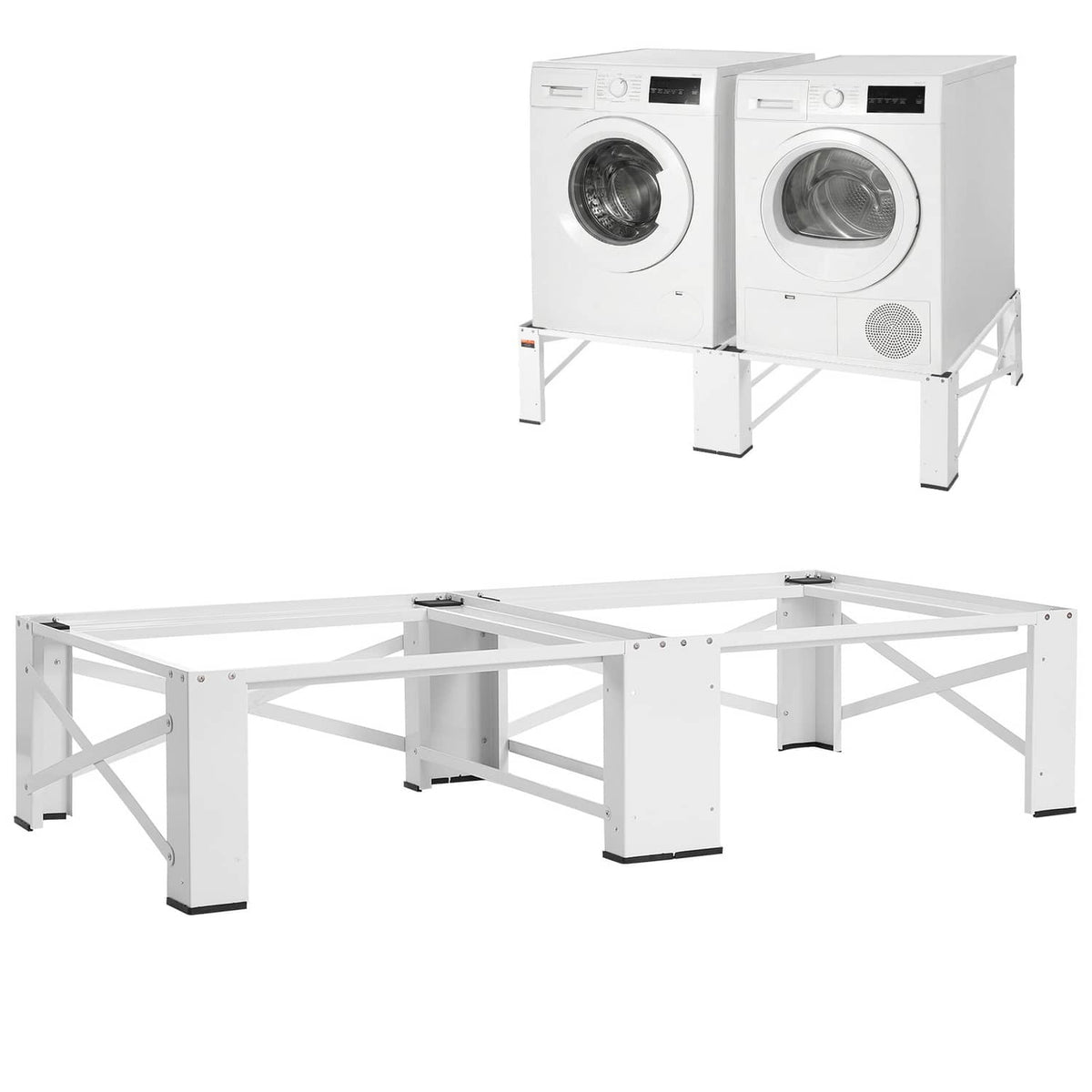 White laundry pedestal stand for washer and dryer, with metal cross-brace base legs