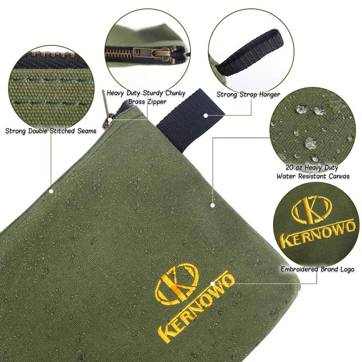Olive green canvas pouch with heavy-duty chunky brass zipper and stitched seams