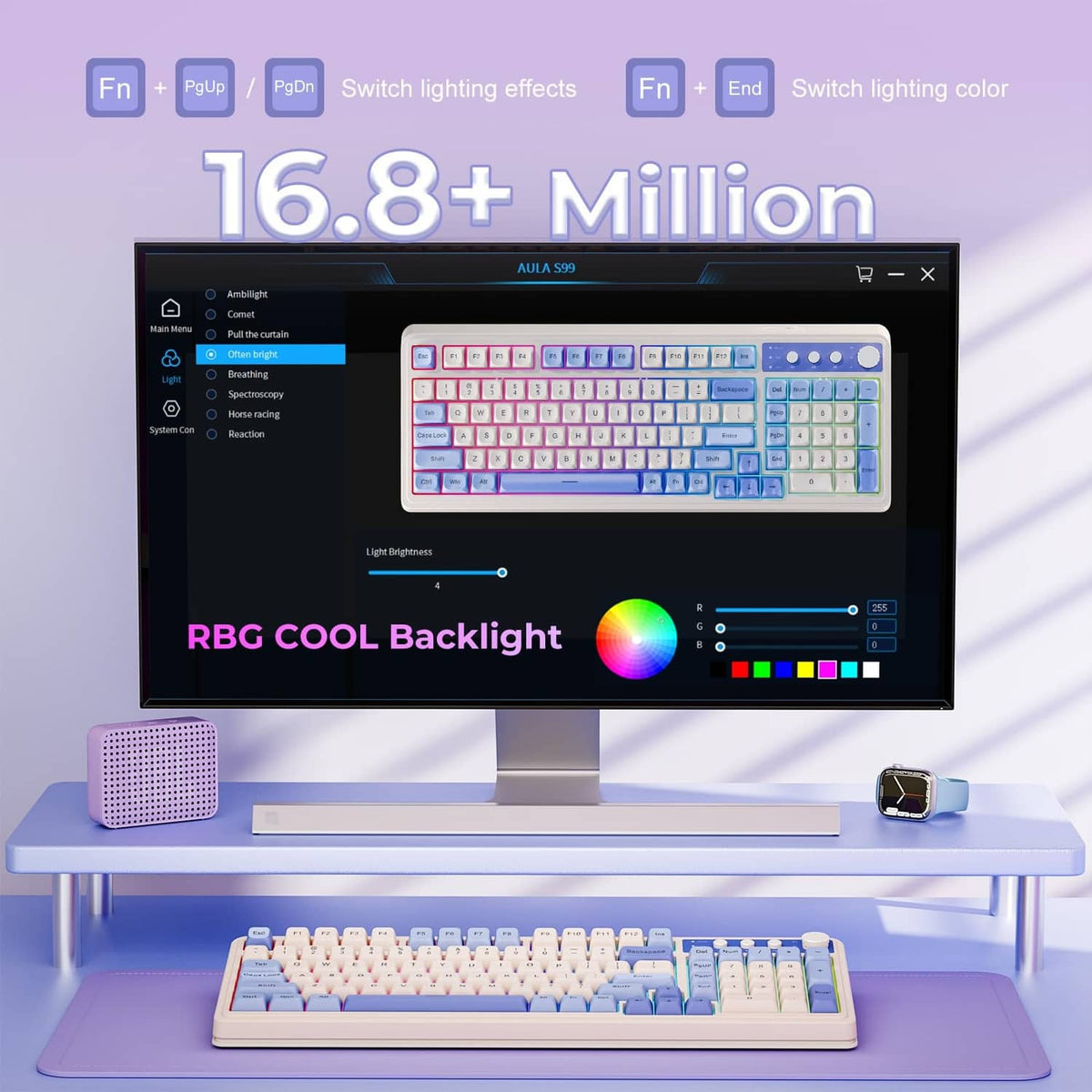 Wireless keyboard featuring RGB cool backlight with white-and-blue keycaps