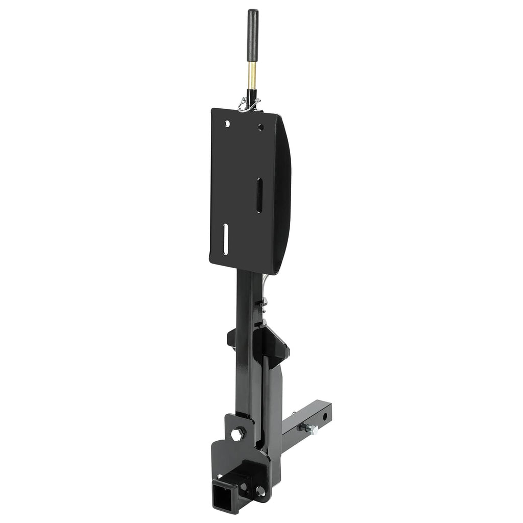 Black RV spare tire carrier with tall upright arm and base mounting brackets