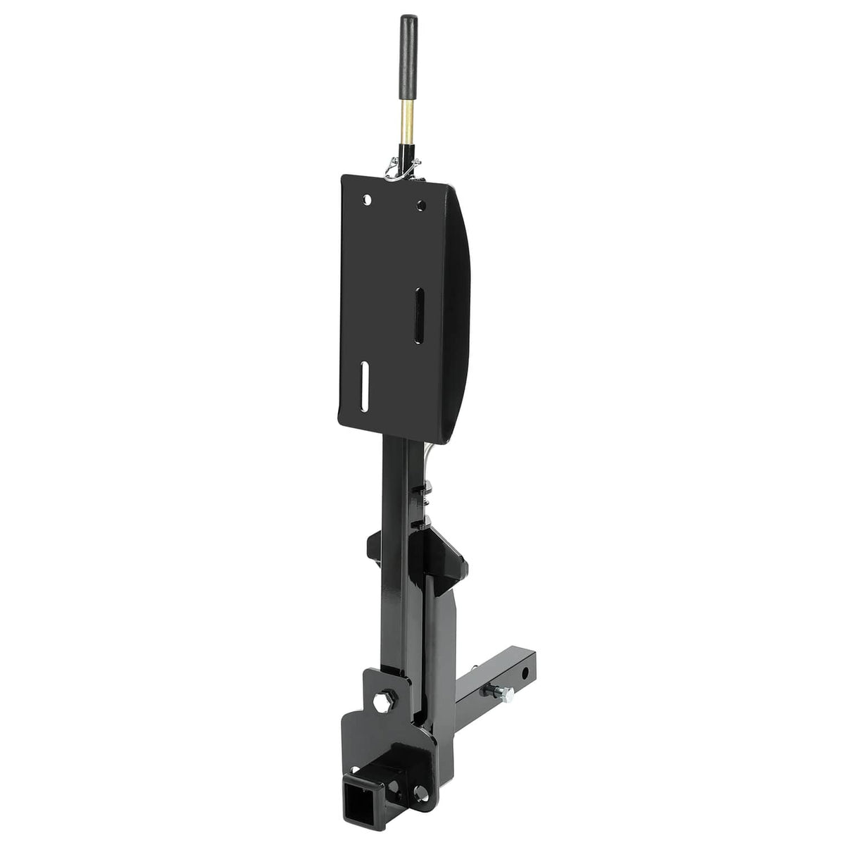 Black RV spare tire carrier with tall upright arm and base mounting brackets