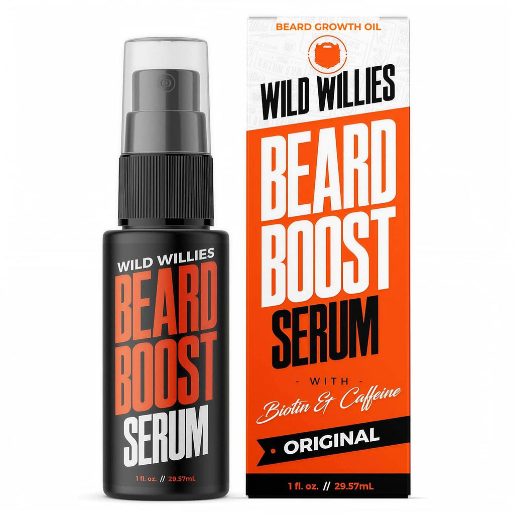 Beard growth serum black pump bottle with orange-and-white box