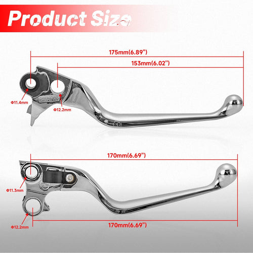 Chrome clutch and brake levers with mounting blocks; length and fit measurements shown