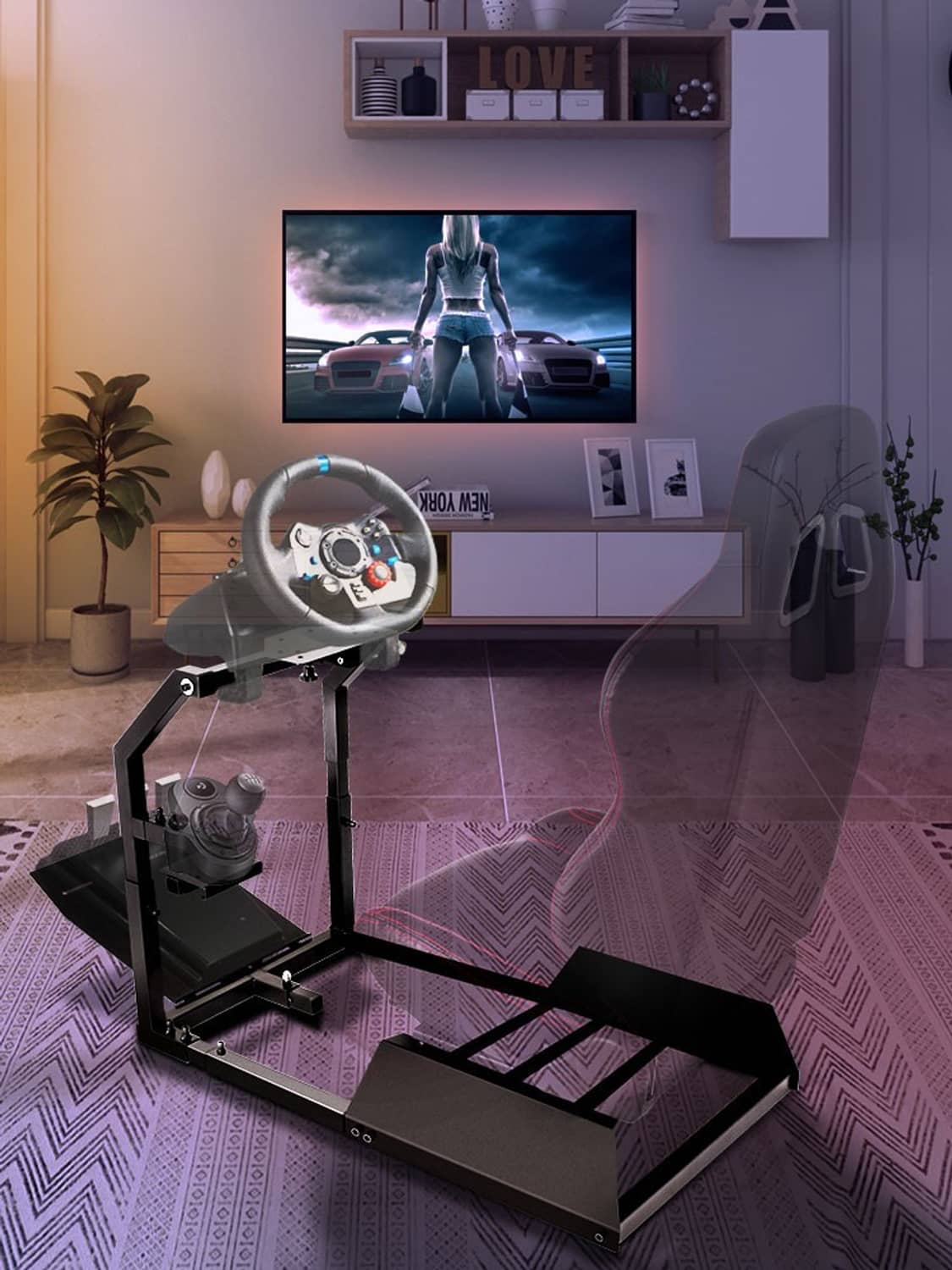 Racing simulator steering wheel stand with mounted steering wheel, black frame, gray seat
