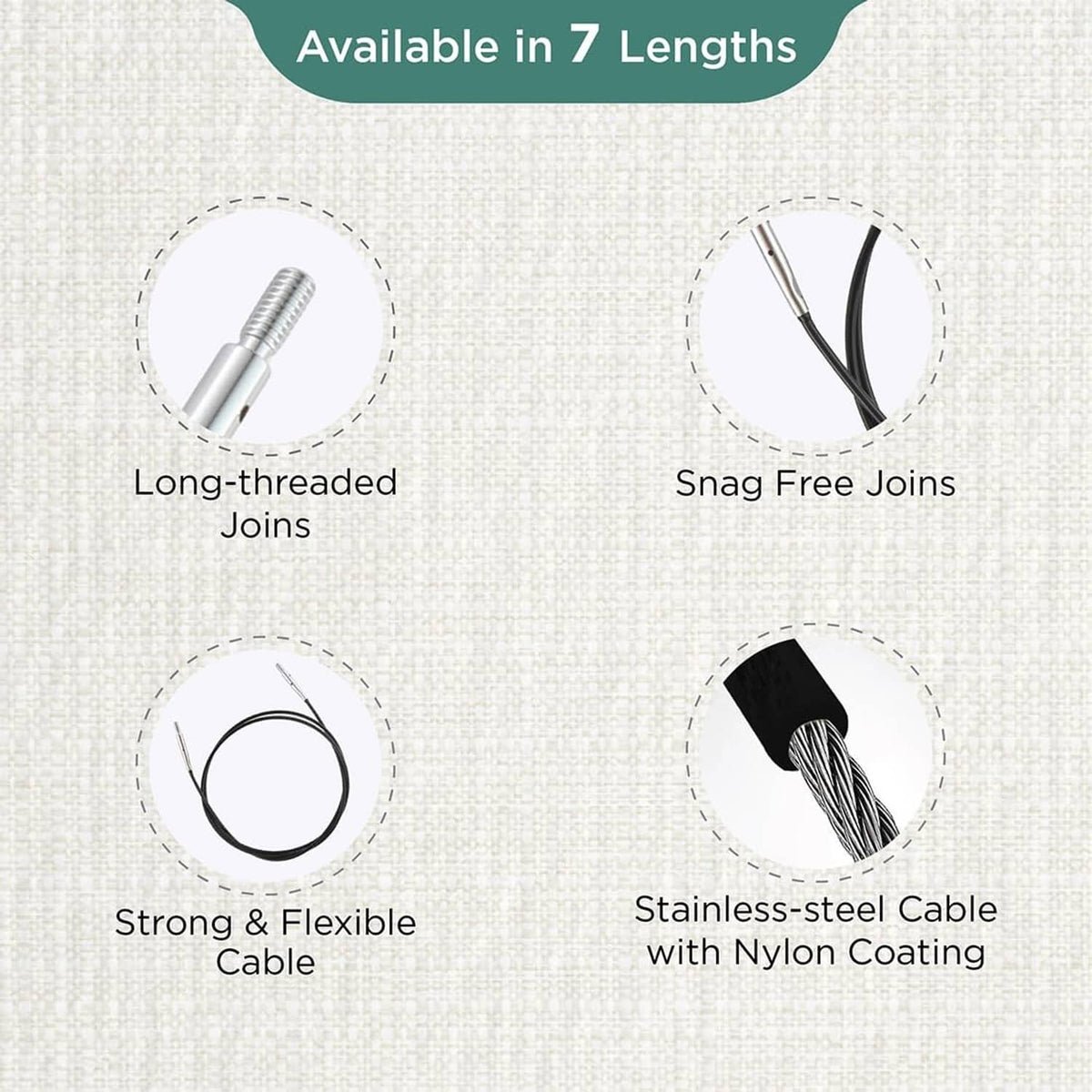 Nylon-coated stainless-steel circular cable with long-threaded joins and snags-free ends