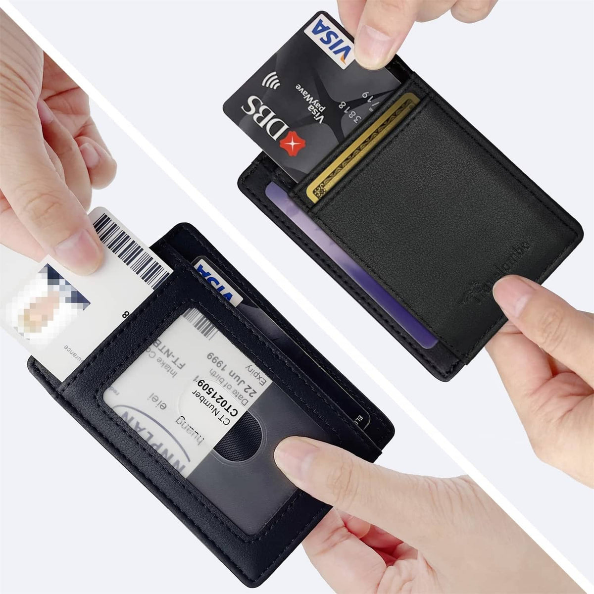 Black minimalist leather wallet with multiple card slots and RFID-blocking pocket