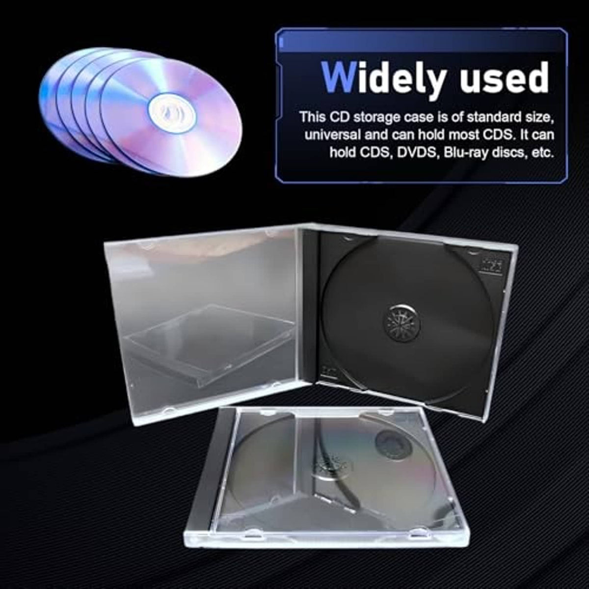 Multiple clear single-disc CD jewel cases, one open with dark disc visible