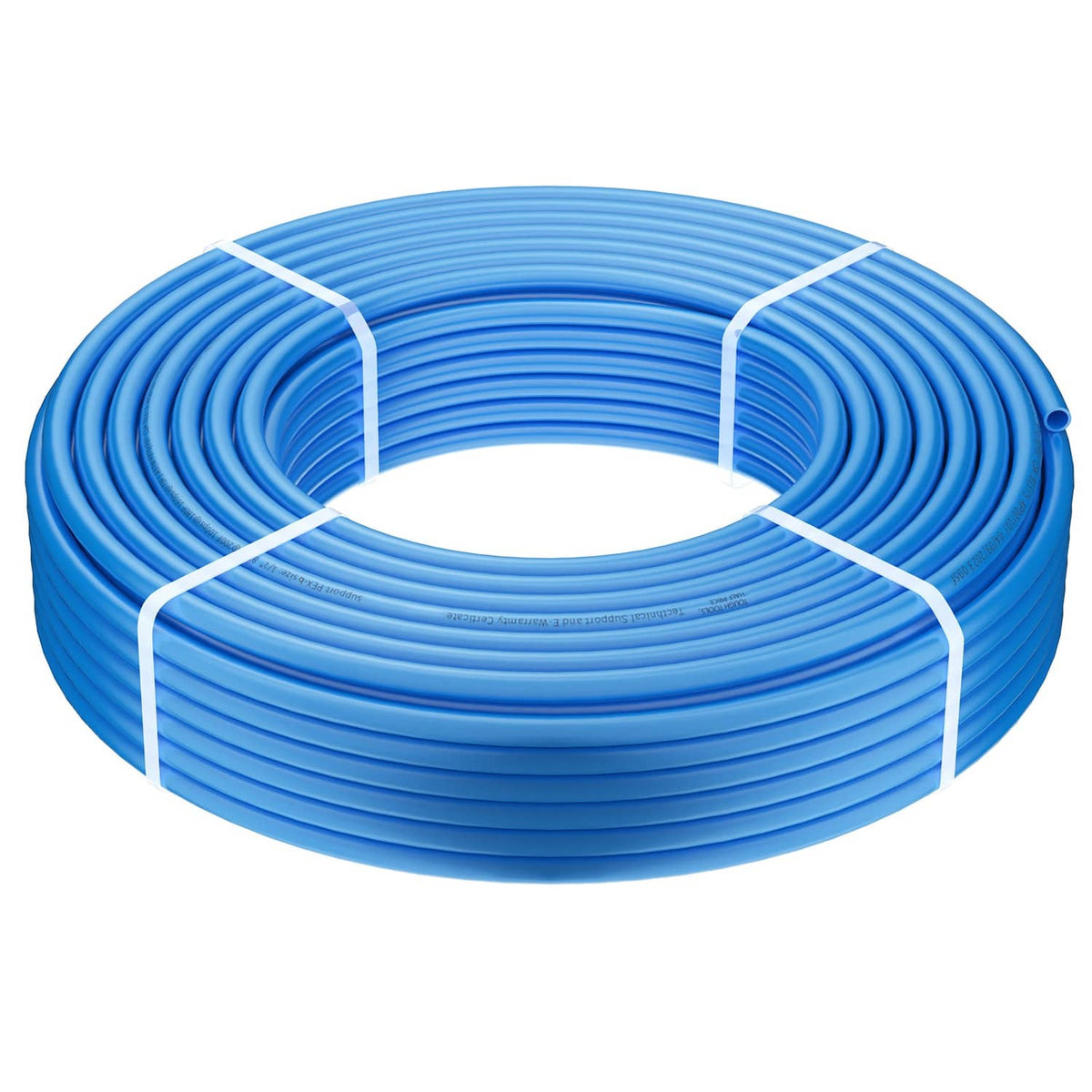 Blue PEX-B tubing coil in a tight loop with white securing bands
