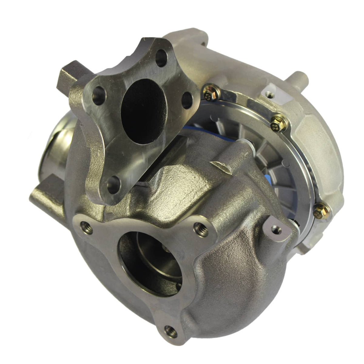 Turbocharger assembly with cast housing, flange ports, and hardware