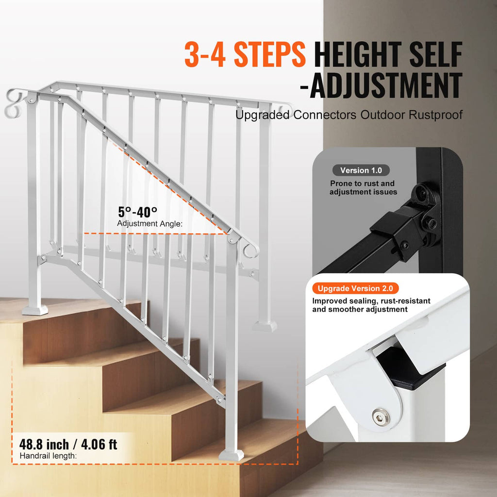 White 3–4 step stair railing system with adjustable connectors and vertical balusters