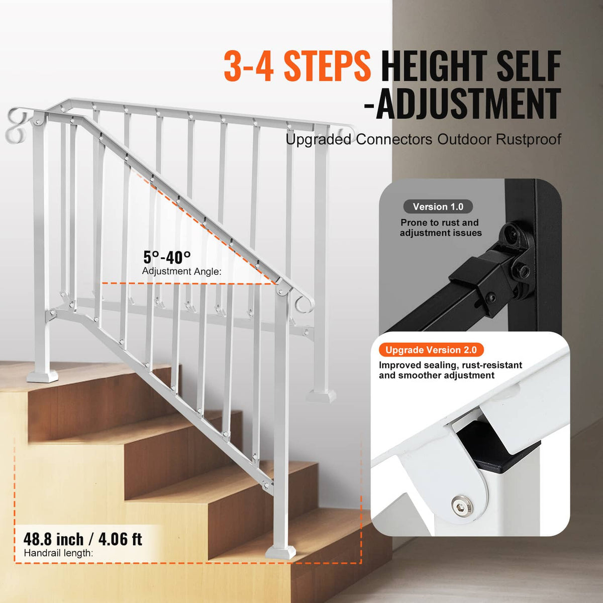 White 3–4 step stair railing system with adjustable connectors and vertical balusters