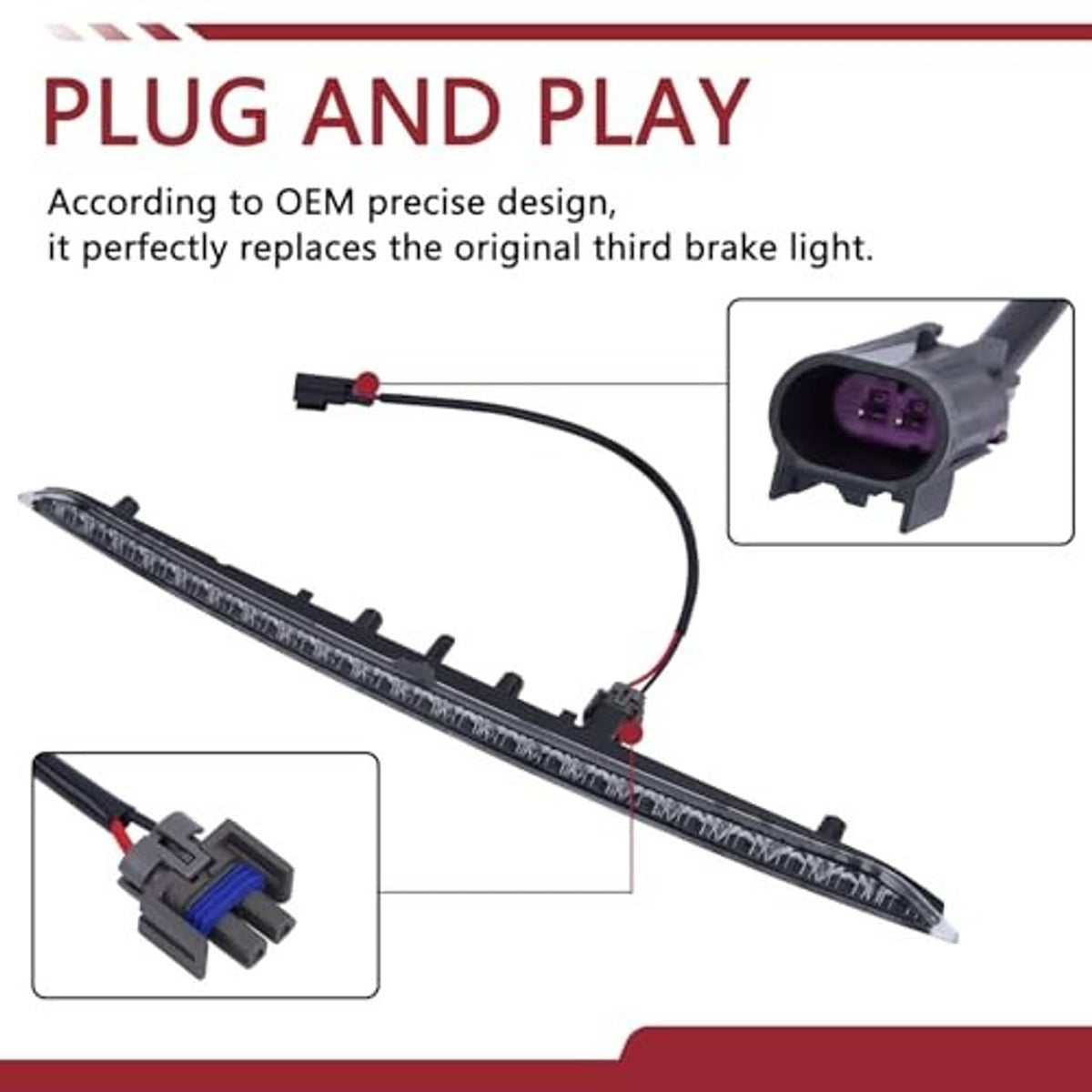 Plug-and-play LED third brake light with connector and wiring harness