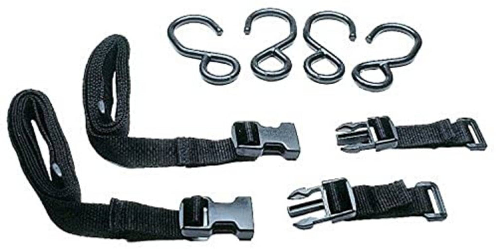 Black webbing tube keeper straps with metal buckles and paired U-shaped hooks