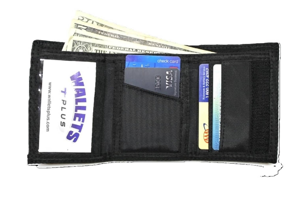 Black nylon trifold wallet with card slots holding cards and cash