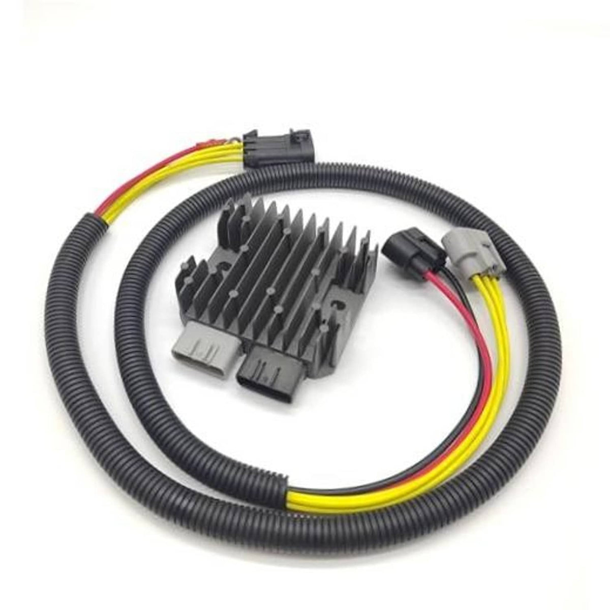 Voltage regulator rectifier with wiring harness, black ribbed cable and multi-pin connector
