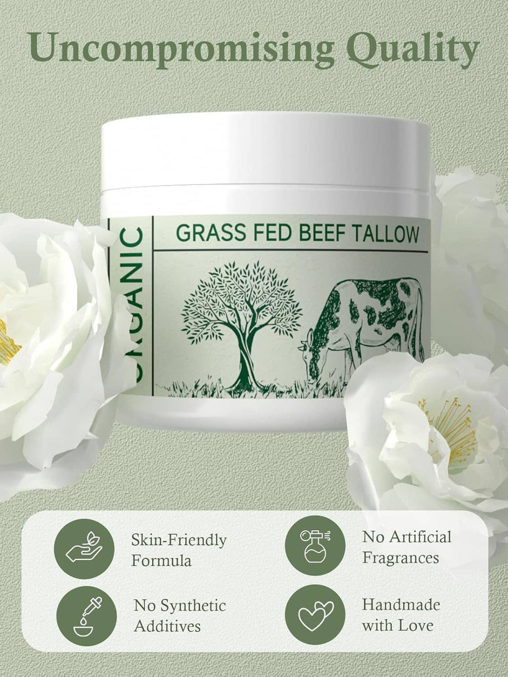 Beef tallow moisturizer jar with quality badges: skin-friendly, no artificial fragrances