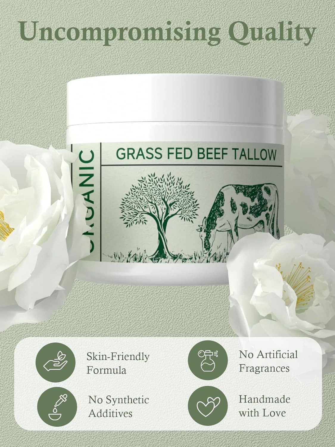 Beef tallow moisturizer jar with quality badges: skin-friendly, no artificial fragrances