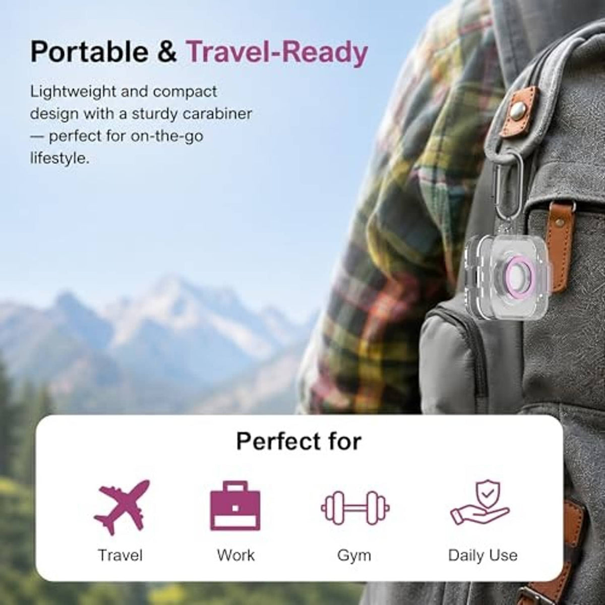 Clear TPU charger protector case with purple insert ring and carabiner on a backpack strap