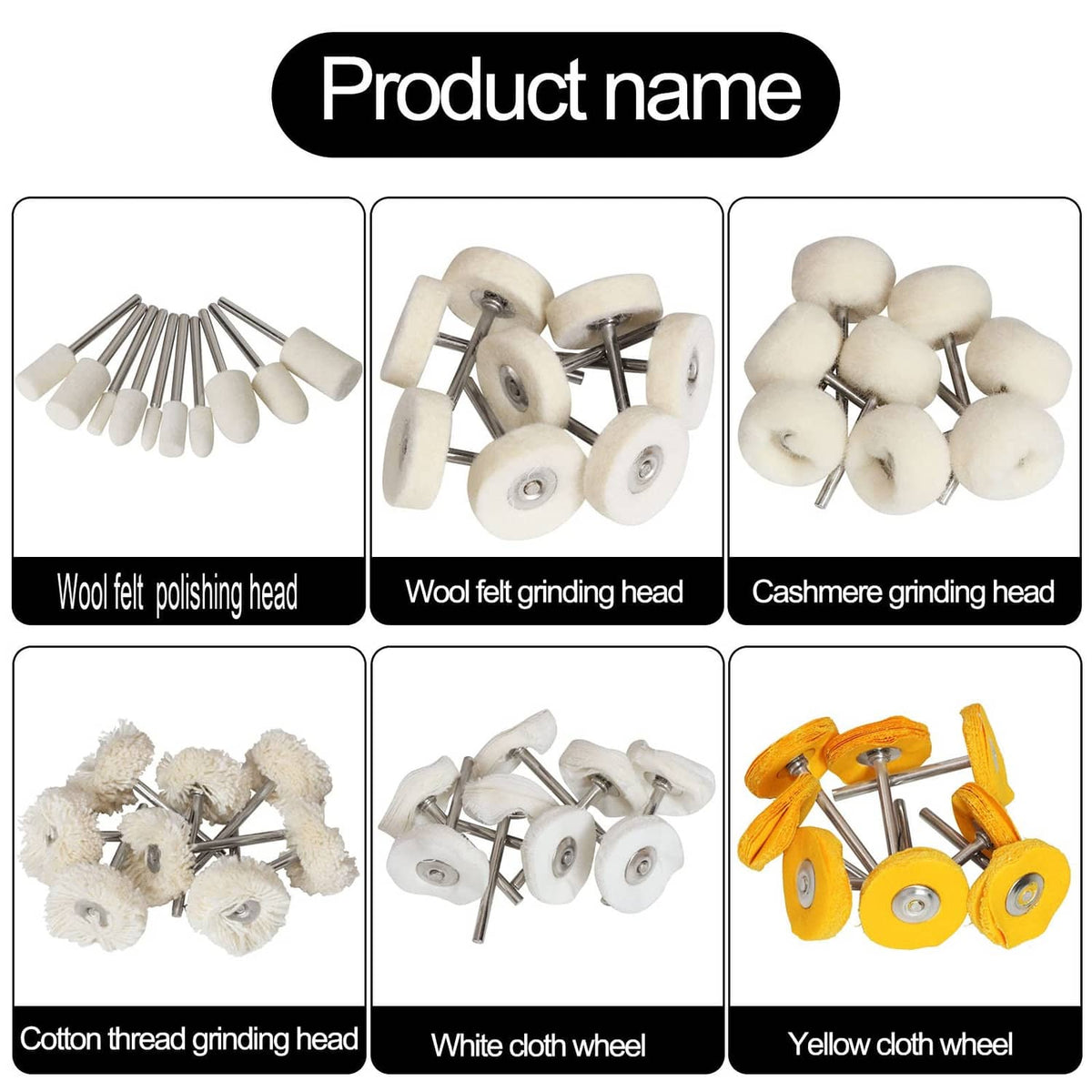Assorted felt polishing and grinding heads on metal shafts, different wheel types