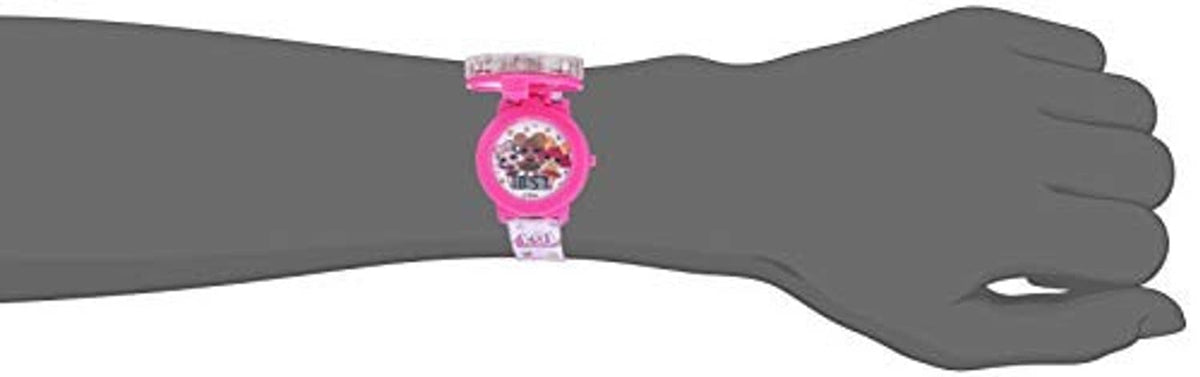 Kids light-up spinner LCD watch on a hand, pink strap and round light-up face
