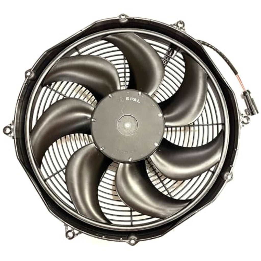 16-inch shrouded puller fan with gray blades and circular wire grille