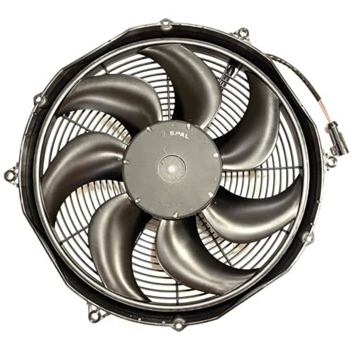 16-inch shrouded puller fan with gray blades and circular wire grille
