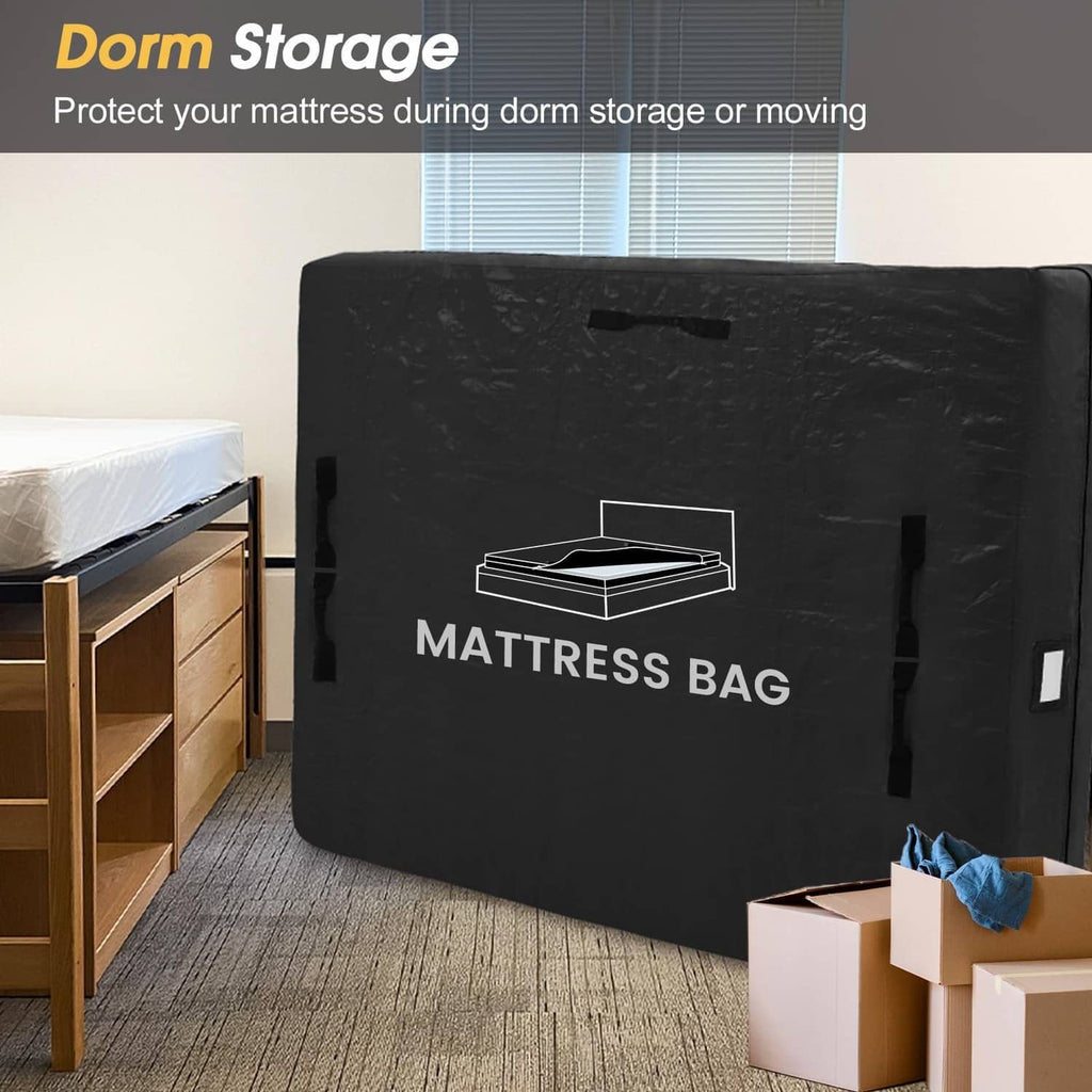 Black mattress storage bag with zipper and carry handles, front logo print