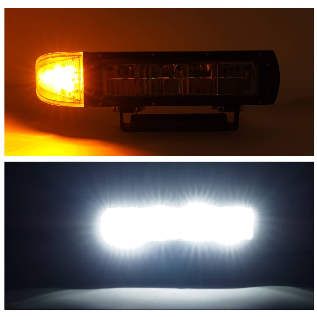 Heated LED plow light showing amber turn beam and bright white driving beam