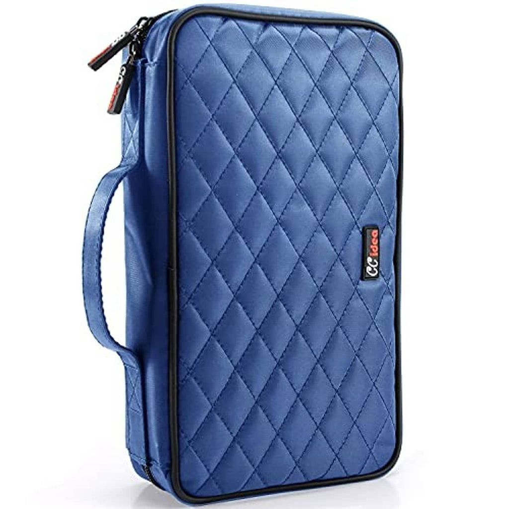 Blue quilted CD/DVD storage wallet, front view with zipper and carry strap.