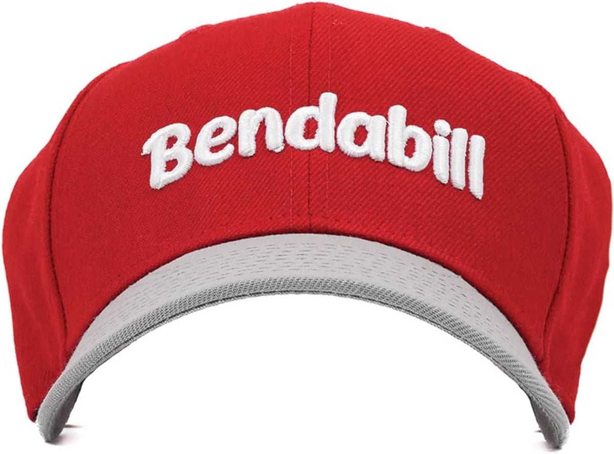 Red baseball cap with white Bendabill logo and light gray inner brim