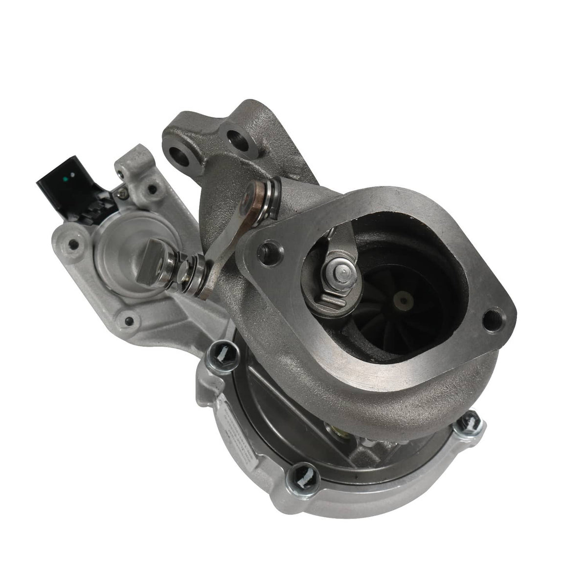 Driver-side turbocharger assembly with compressor housing and outlet port openings