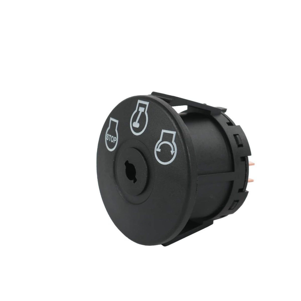 Round black ignition switch showing STOP, start, and accessory symbols
