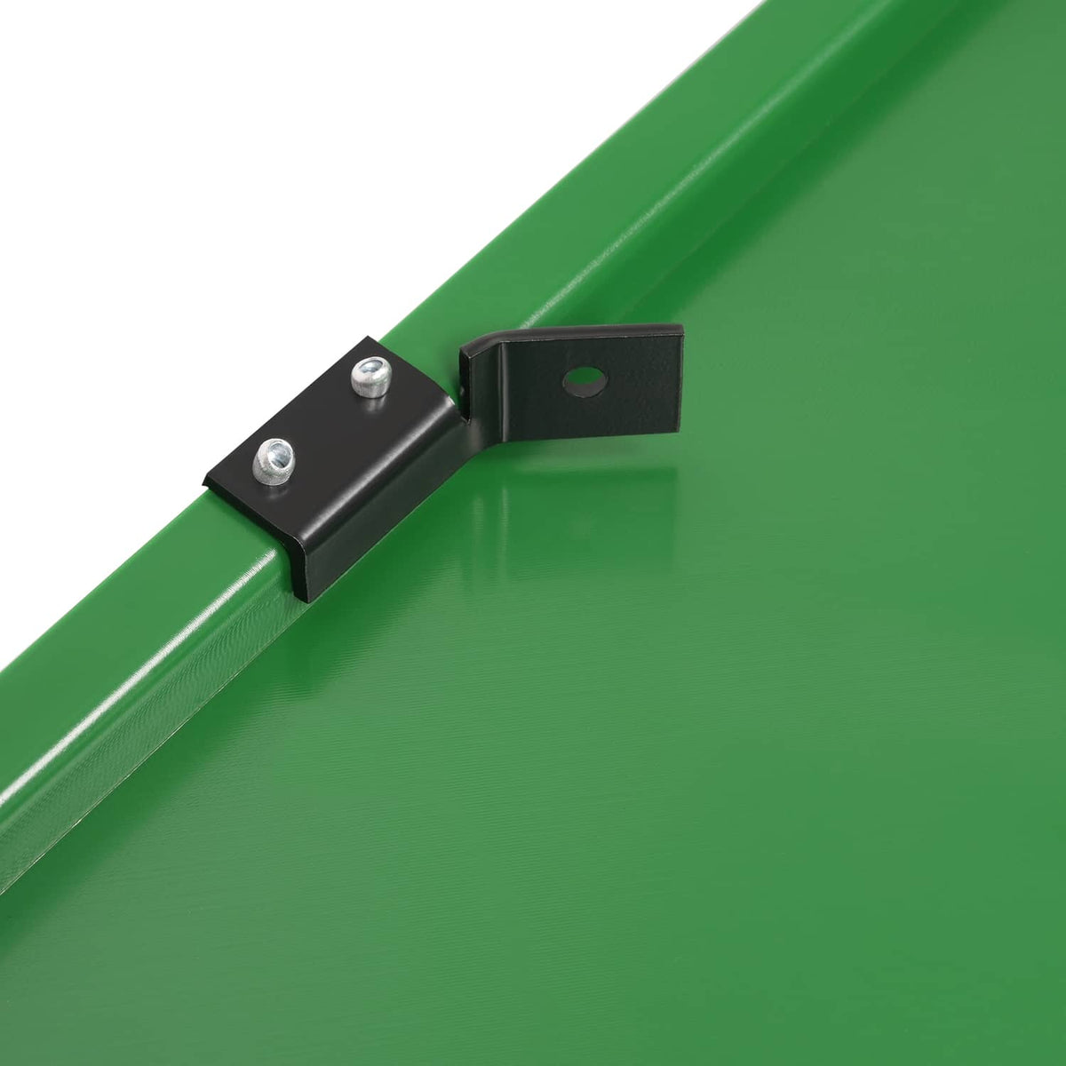 Green steel RH hood side panel with black bracket and two silver bolts