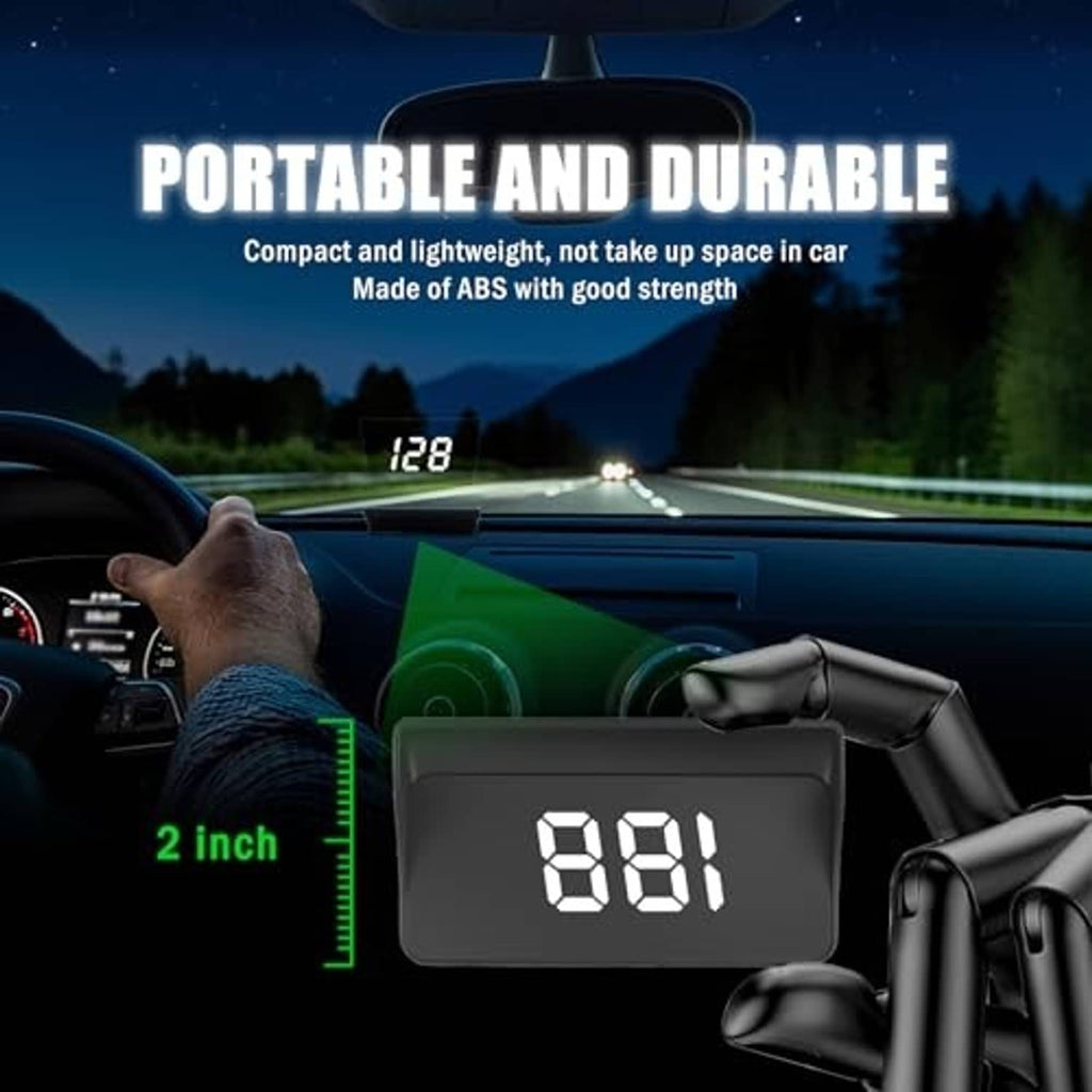 Portable car HUD display with white digits on dark panel, compact handheld view