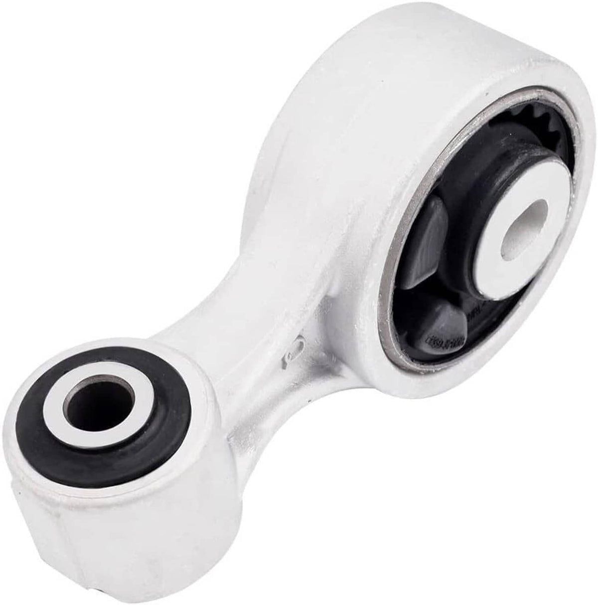Engine torque strut mount with silver arm and black-and-silver bushing insert