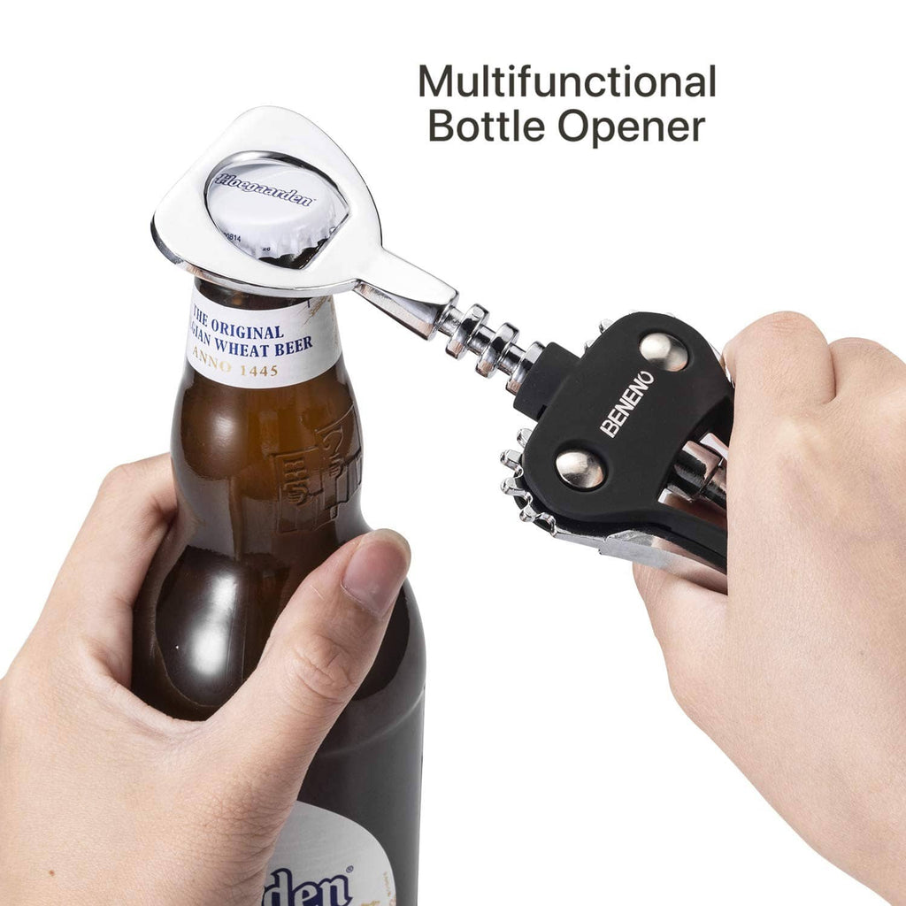 Black multifunction bottle opener with chrome levers for bottles and cork removal