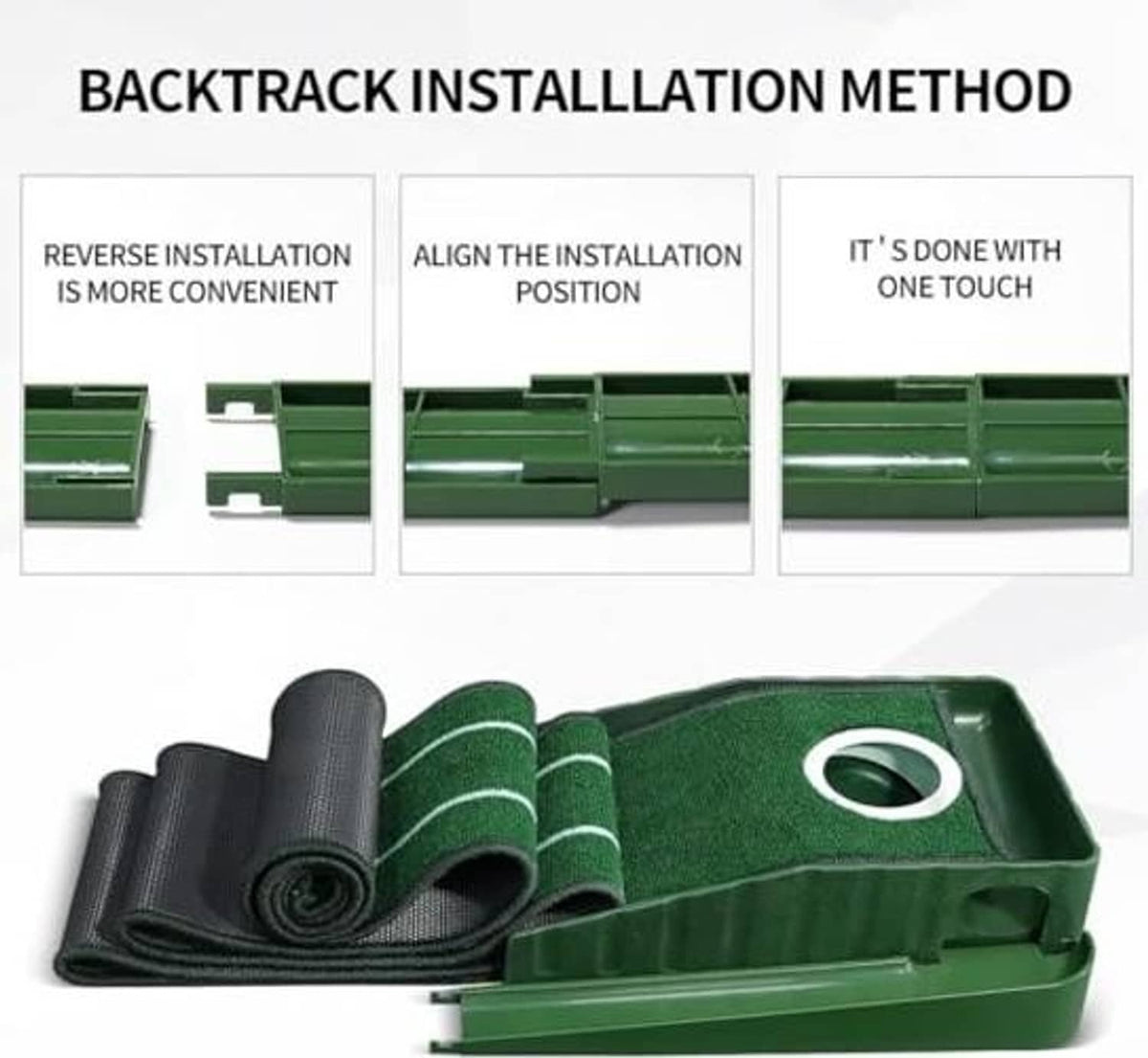 Golf putting green mat with ball return base and rolled mat sections for setup