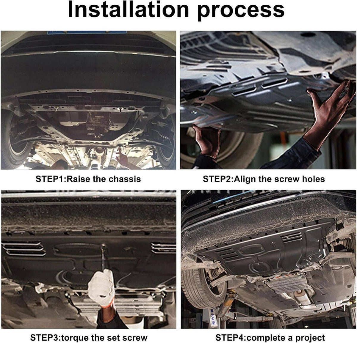 Installation process showing mounting splash guard under the car and tightening screws
