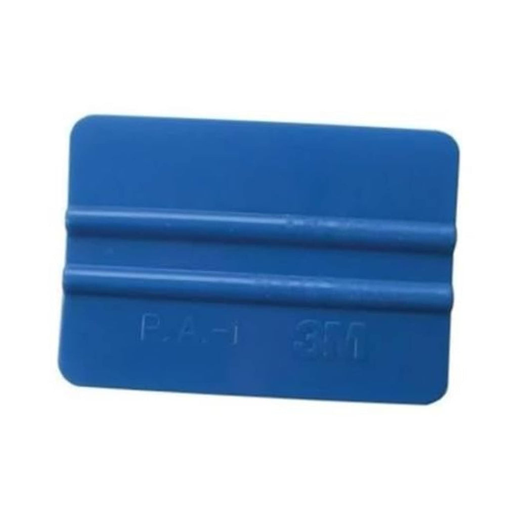 Blue plastic squeegee scraper with ribbed edge and small molded marking